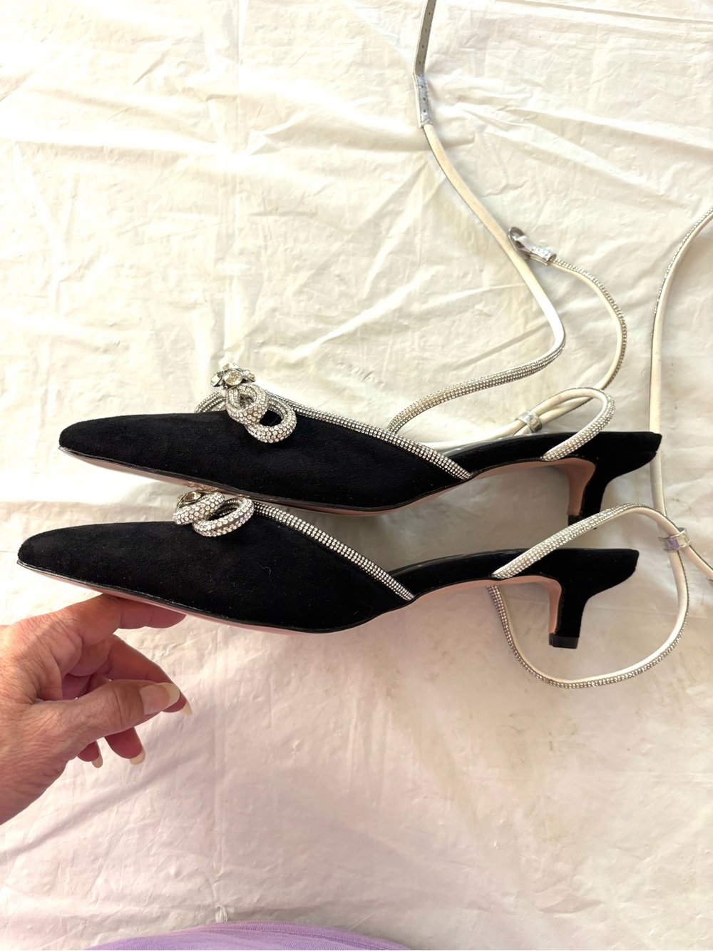 NWOT Noble Only Black Silver Rhinestone Bow Lace Up kitten Heel Sandals SZ 10 - Picture 7 of 15